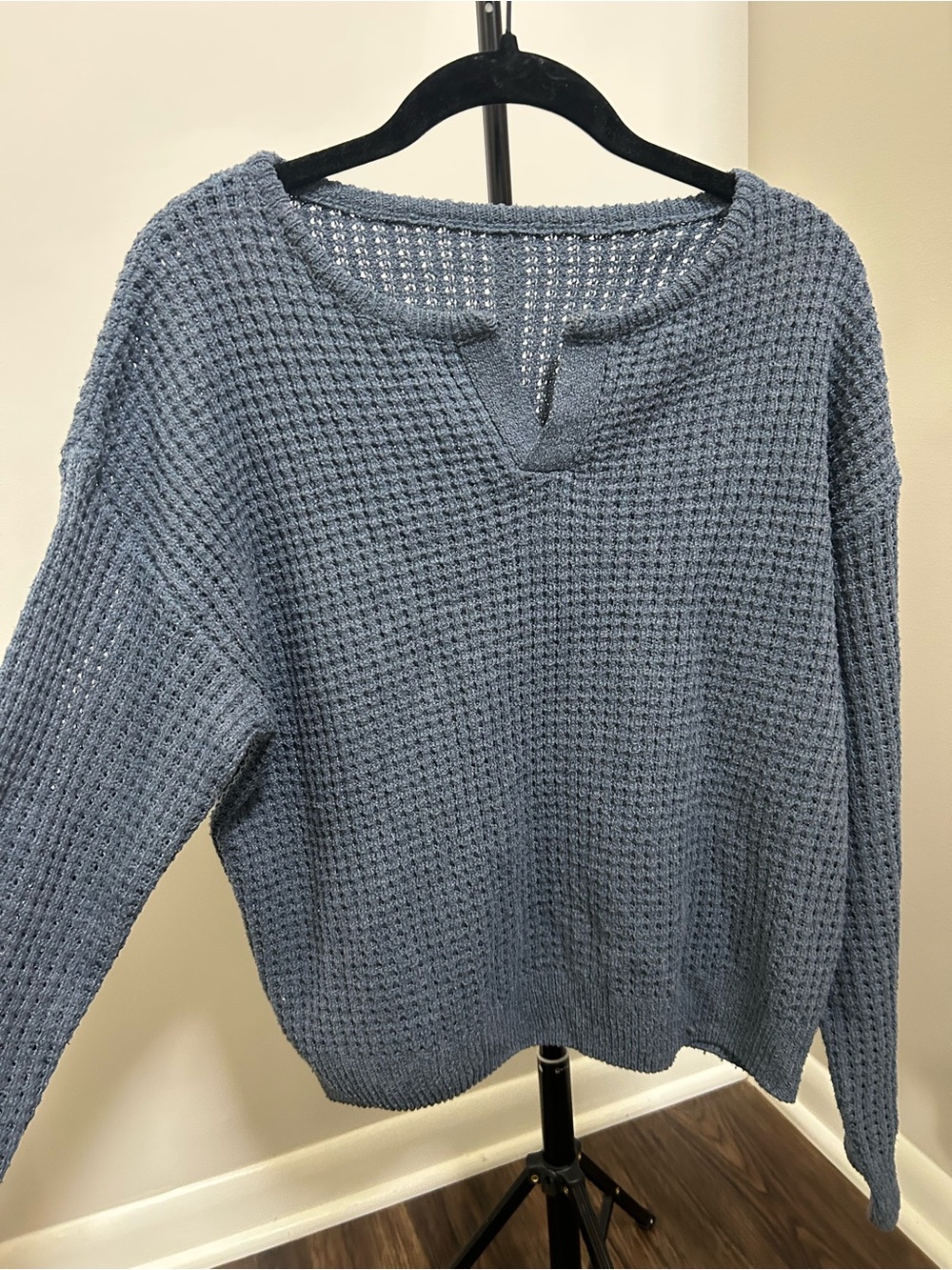 SHEIN Dusty Blue Waffle-Knit V-Notch Sweater